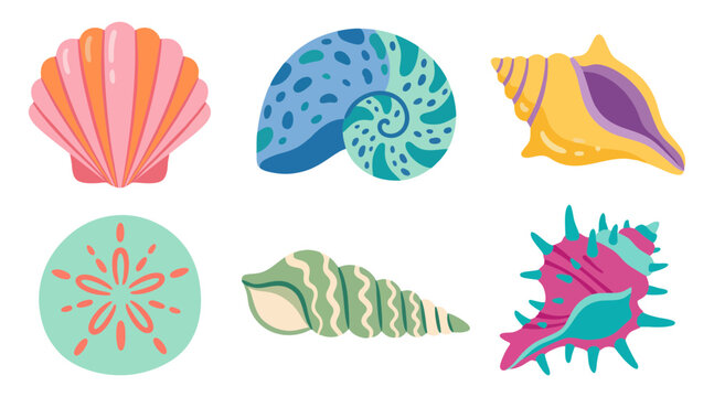 Colorful collection of flat vector seashells and marine life elements featuring vibrant patterns and shapes for creative summer graphic designs
