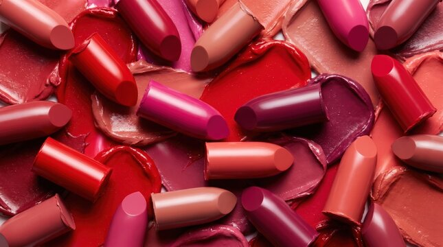 Assorted colorful lipstick tubes arranged on vibrant creamy makeup swatches in a professional beauty photography flatlay composition with rich pigmented textures