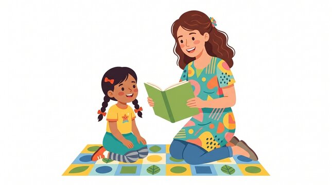 A cheerful mother with brown wavy hair reads an interesting green storybook to her young daughter who is sitting on a colorful patterned mat on white background.