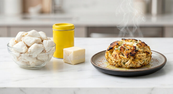 A clean product shot showcasing the raw premium ingredients vs. the finished luxury dish. On a white marble counter sits a glass bowl overflowing with raw, brilliant-white jumbo lump crab meat