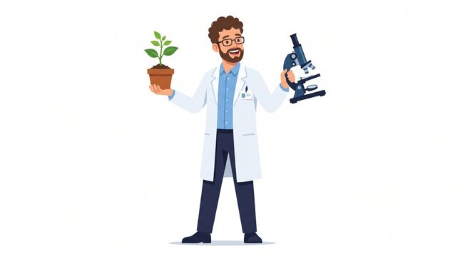 A happy male scientist wearing glasses and a lab coat holds a green plant in a pot while carrying a microscope in his hand on white background.