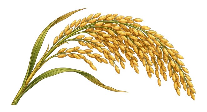 Detailed golden rice ear with mature grains in a realistic agricultural vector style, isolated on white background.