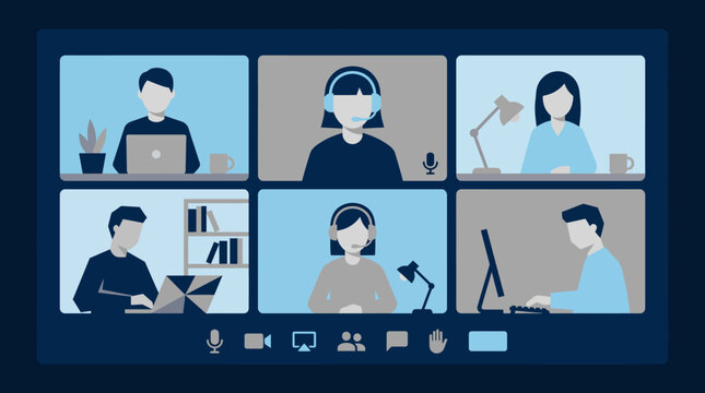 Six participants in a virtual video conference grid during a remote collaboration session.