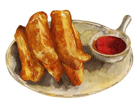 Detailed watercolor illustration of golden-brown fried dough fritters, known as cakwe or youtiao, with a small bowl of dipping sauce. food asset is perfect for street food menus.