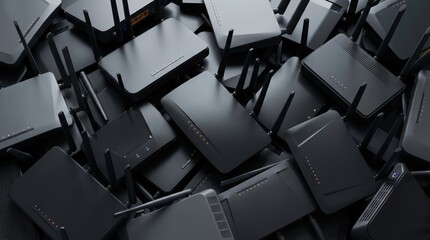 Fototapeta premium A dense pile of modern black wireless internet routers with glowing status indicator lights arranged in a chaotic overlapping pattern for network technology concepts