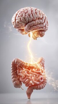 Brain gut connection axis human organ anatomy neural network medical science art mind body health digestive system power glowing nerve link nervous system mental health microbiome digestion energy