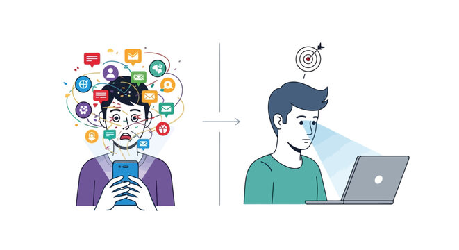 Illustration of a man shifting from digital overload to focused goal-oriented work