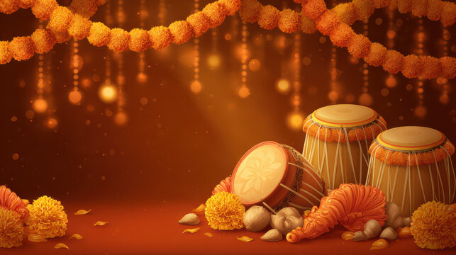 Traditional Bengali Drums and Flowers for Durga Puja Festival