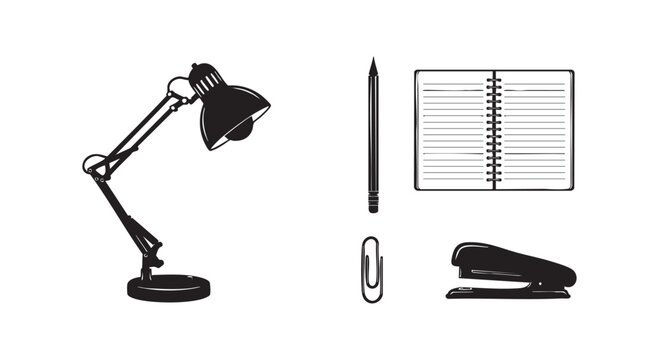 Stationery supplies and office work tools including desk lamp pencil open notebook paperclip and stapler vector design.