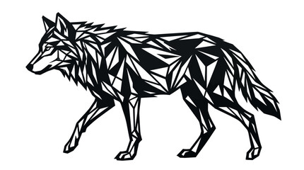 Fototapeta premium A geometric wolf illustration walks through a natural landscape with leaves and trees.