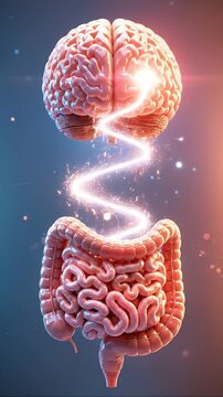 Brain gut connection glowing gut brain axis neural pathway between organ and mind with swirling energy vibrant color anatomy illustrating intestine stomach neuron nerve pathway microbiome wellness