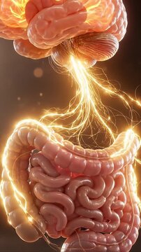 Brain gut connection gut brain axis glowing neural pathway showing human intestine organ health digestion microbiome medical anatomy illustration 3d render wellness science concept with nerve path