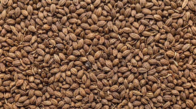 A detailed close up macro view of brown dried ajwain carom seeds featuring rich textures and earthy tones perfect for culinary backgrounds and spice photography