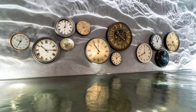 Various antique and vintage clock faces embedded in a modern grey wall with shimmering water reflections, creating an artistic conceptual installation about the passage of time.