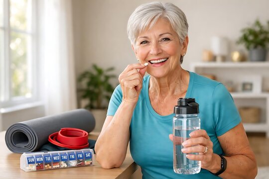 Active senior woman taking vitamins after fitness workout