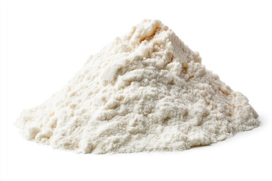 A pile of fine, white flour on a white background, ready for baking or cooking use.