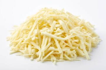 Fototapeta premium A pile of shredded white cheese on a white background, ready for cooking or garnishing dishes.