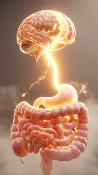 Surreal brain gut connection glowing neural gut brain axis illustration showing human digestive organ anatomy and nerve network with neuron pathways between stomach and intestine dreamy medical