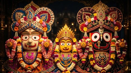 Fototapeta premium Ornate statues of jagannath balabhadra and subhadra adorned with colorful flower garlands and golden crowns