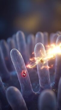 Intestine nutrient absorption intestinal villus health digestion biology medicine science illustration of glowing micronutrient particle flow gut health digestive system vitamin c vitamin b12 iron
