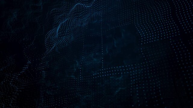 Abstract dark blue digital particle wave background, cyber technology grid with glowing dots for big data analytics visualization.