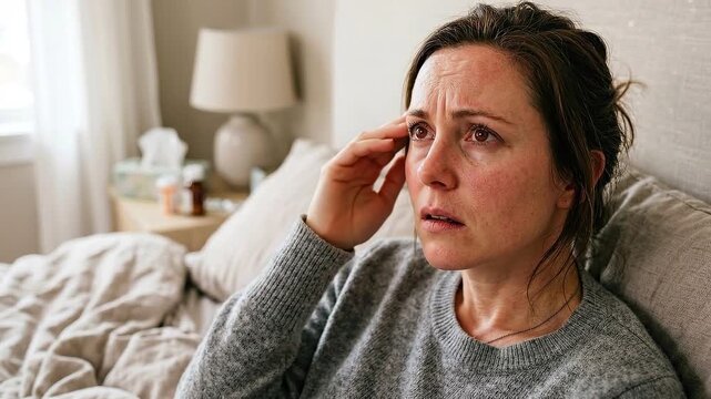 Woman sick in bed with fever and headache, adult feeling unwell and worried, holding head with hand, tissue box and medicine on nightstand, cozy bedroom setting, fatigued and sad morning