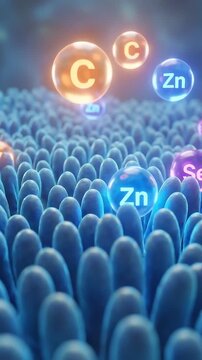 Vitamin nutrient absorption intestinal zinc cell health supplement medical science digestion biology micro surface abstract concept healthcare medicine nutrition wellness glowing nutrient absorption