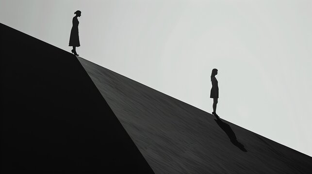 Conceptual minimalist illustration of two silhouettes separated by a stark color division and mismatched horizon line.