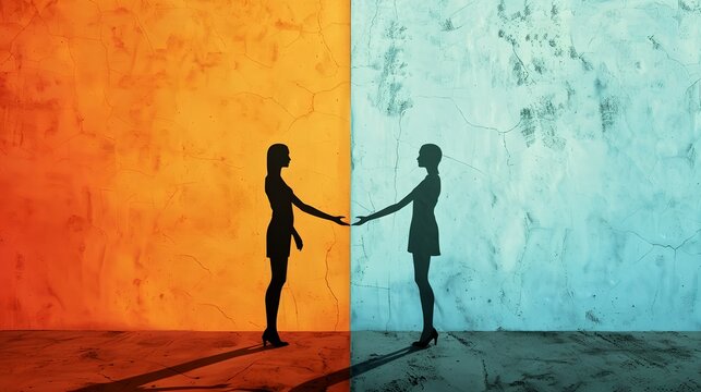 Conceptual minimalist illustration of two silhouettes separated by a stark color division and mismatched horizon line.