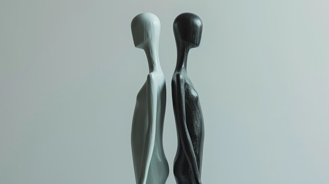 Minimalist surreal sculpture of two figures standing back-to-back, symbol of indifference and emotional estrangement.
