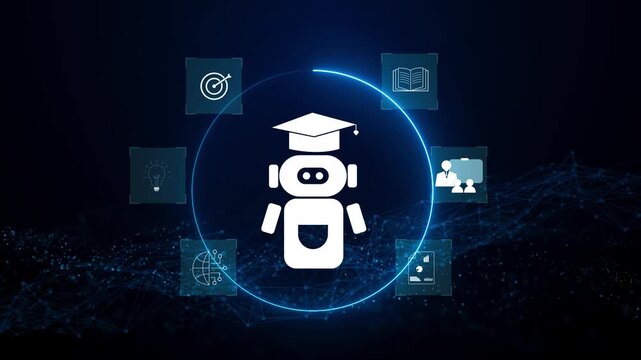 AI education assistant with graduation cap floating above an open hand, showing learning icons, skill development, online training, knowledge automation, smart tutoring, and future digital learning.
