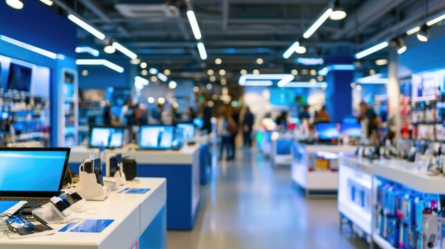 Modern electronics store interior with various gadgets and devices on display under bright lighting.