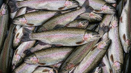 Fototapeta premium Fresh rainbow trout stacked together in a large pile showing vibrant silver scales and pink iridescent sides captured in natural light for commercial seafood market