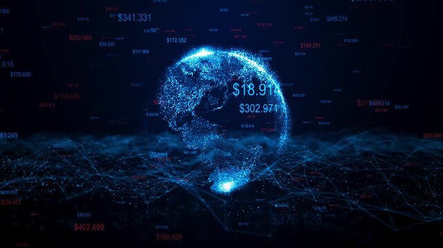 Global financial data analytics with digital earth hologram, abstract fintech background with US dollar currency numbers and network plexuses.