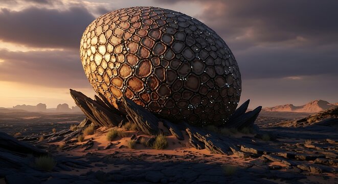 Fantasy landscape with giant egg hatching.