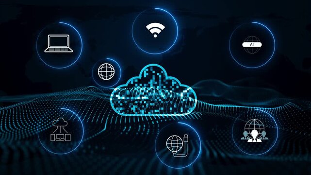 Motion graphic of Blue cloud storage connection and data transfer to multi devices futuristic technology abstract background.