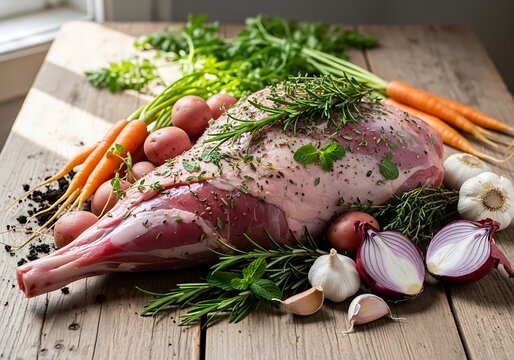 Raw lamb leg roast with fresh herbs carrots and onions on a rustic wooden kitchen table surface. pierna cordero