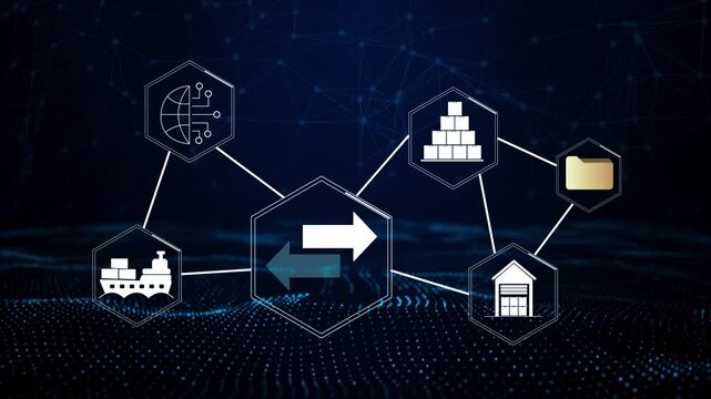 Smart warehouse management system with innovative internet of things technology to identify package picking and delivery . Future concept of supply chain and logistic network business.