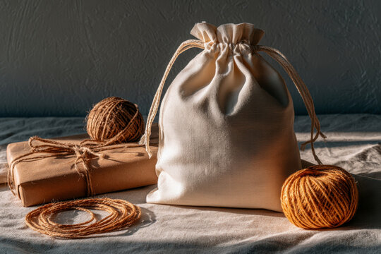 Cotton Drawstring Bag with Yarn and Gift Wrap for Craft Packaging