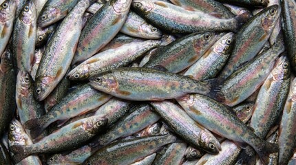 Fototapeta premium Fresh rainbow trout fish stacked together in a heap creating a detailed textured background pattern for commercial culinary seafood market and sustainable fishing concepts