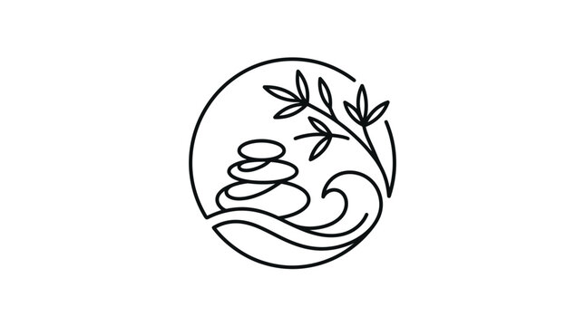 Zen stones with bamboo leaves and waves icon.