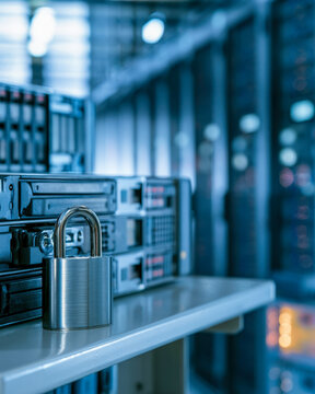Padlock Securing Server Rack in Blue Data Center Infrastructure