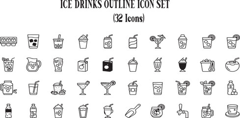 Fototapeta premium Refreshing Ice Drinks Outline Icons – Chilled Beverage & Cocktail Line Art Pack