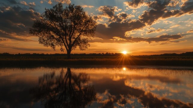 Serene sunset over a tranquil pond, with a lone tree silhouetted against the vibrant sky