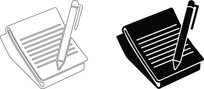 Set of writing pad and pen icons in outline and solid styles for document note taking app.