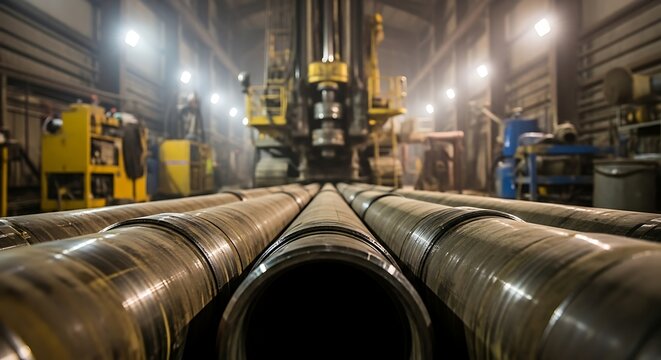 Large industrial pipes in factory setting.