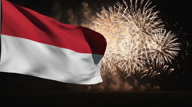 Indonesian Flag Waving with Fireworks in Night Sky for Celebration