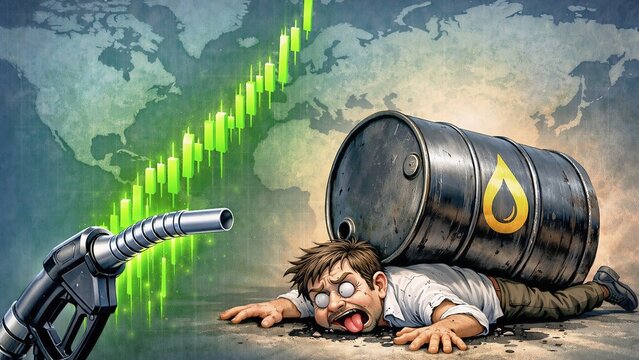cartoon illustration of man crushed by heavy oil barrel, financial impact of rising fuel costs, crisis of expensive fuel and inflation impact, rising fuel costs, oil and high gas prices