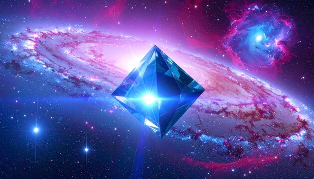A colossal crystal matrix hums with computational power as it floats in deep space, glowing brightly amidst a vast colorful spiral galaxy and cosmic nebulae