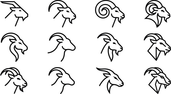 Goat head line art illustrations various poses and styles
